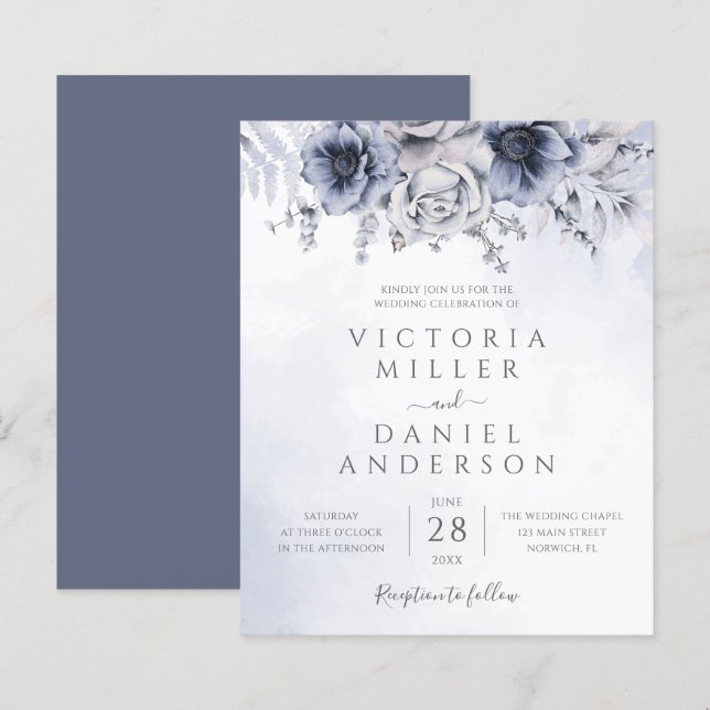 Budget Dusty Blue Floral Elegante Hochzeit Einladu (Vorne/Hinten)