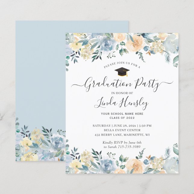 Budget Dusty Blue Floral Graduation Party Einladun (Vorne/Hinten)