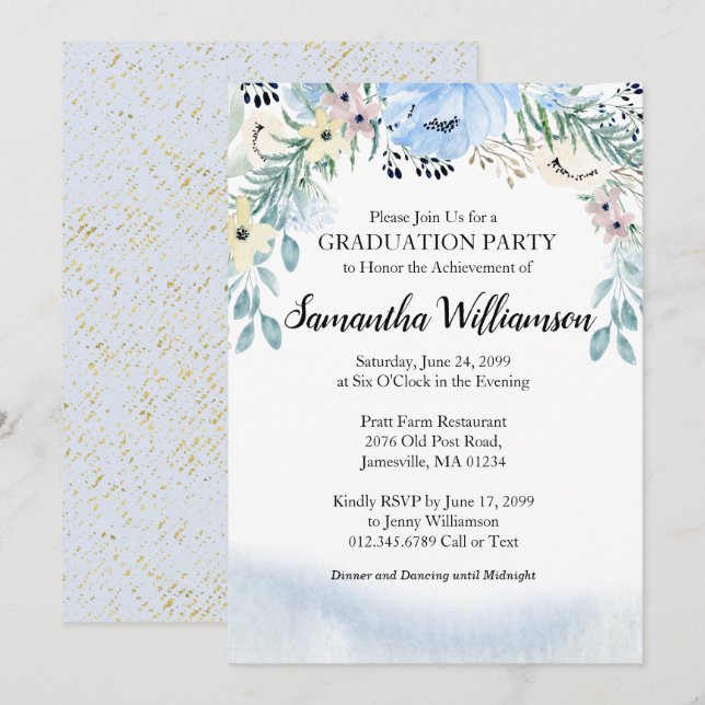 Budget Dusty Blue Floral Graduation Party Einladung (Vorne/Hinten)