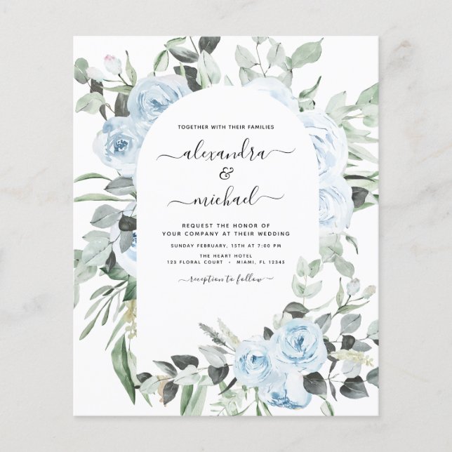 Budget Dusty Blue Floral Greenerity Wedding Flyer (Vorne)