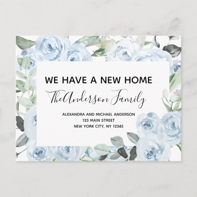 Budget Dusty Blue Floral Moving Ankündigung Postc Postkarte (Vorderseite)
