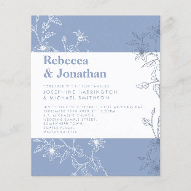 Budget Dusty Blue Floral Paper Einladung Hochzeit (Vorderseite)