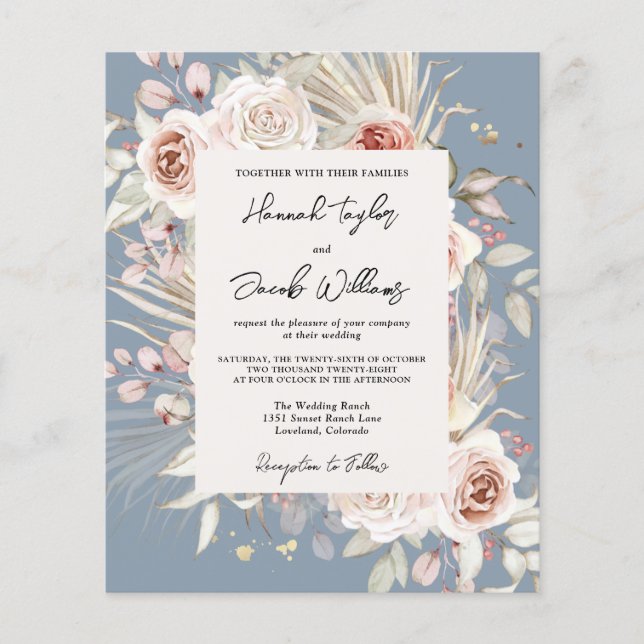 Budget Dusty Blue Floral Rustic Hochzeit Einladung (Vorderseite)