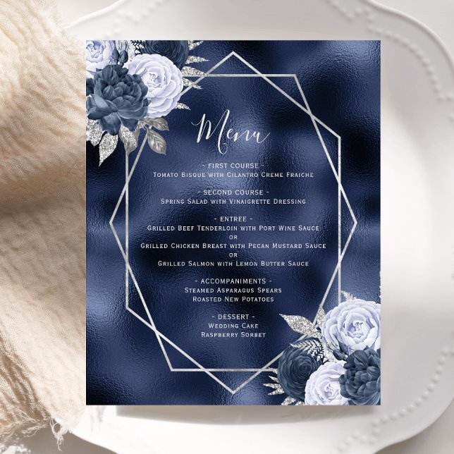 Budget Dusty Blue Floral Silver Navy Hochzeitsmenü (Von Creator hochgeladen)
