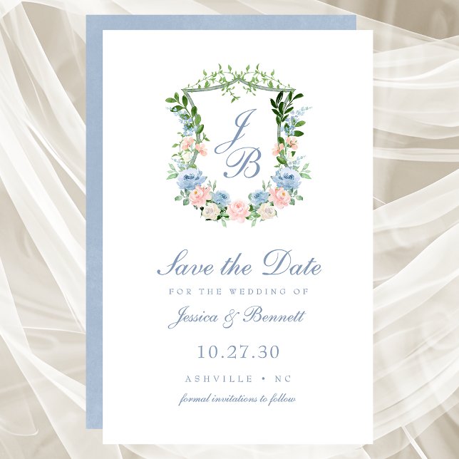 Budget Dusty Blue Floral Wappen Save the Date (Von Creator hochgeladen)