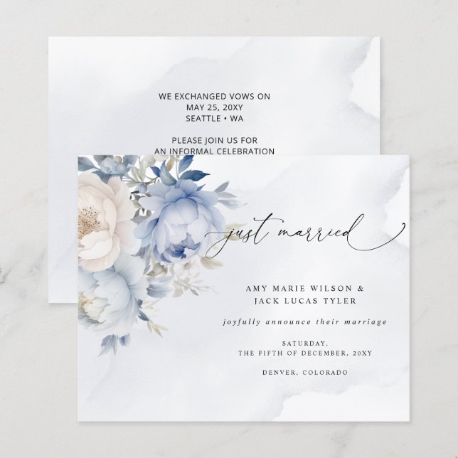 Budget Dusty Blue Floral Wedding Ankündigung (Vorne/Hinten)
