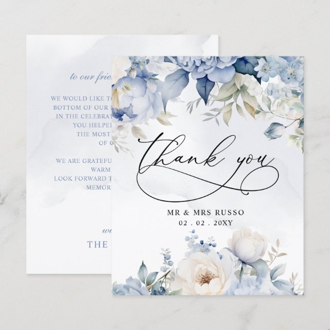Budget Dusty Blue Floral Wedding Danke Karte (Vorne/Hinten)