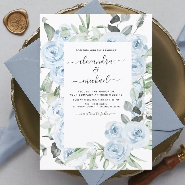 Budget Dusty Blue Floral Wedding Einladung (Von Creator hochgeladen)