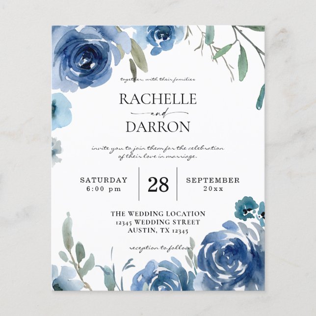 Budget Dusty Blue Floral Wedding Flyer (Vorne)