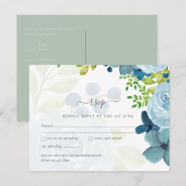 Budget Dusty Blue Floral Wedding Postkarte (Vorne/Hinten)