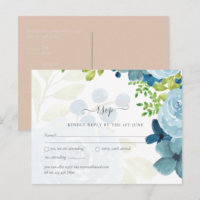 Budget Dusty Blue Floral Wedding Postkarte (Vorne/Hinten)