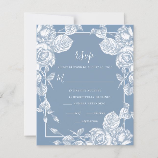 Budget Dusty Blue Floral Wedding RSVP Card (Vorderseite)