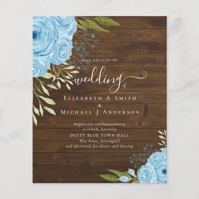 Budget Dusty Blue Flowers Limon Wedding Flyer (Vorne)