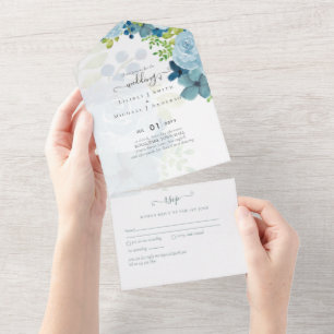 Budget Dusty Blue Flowers Sage Wedding All In One Einladung