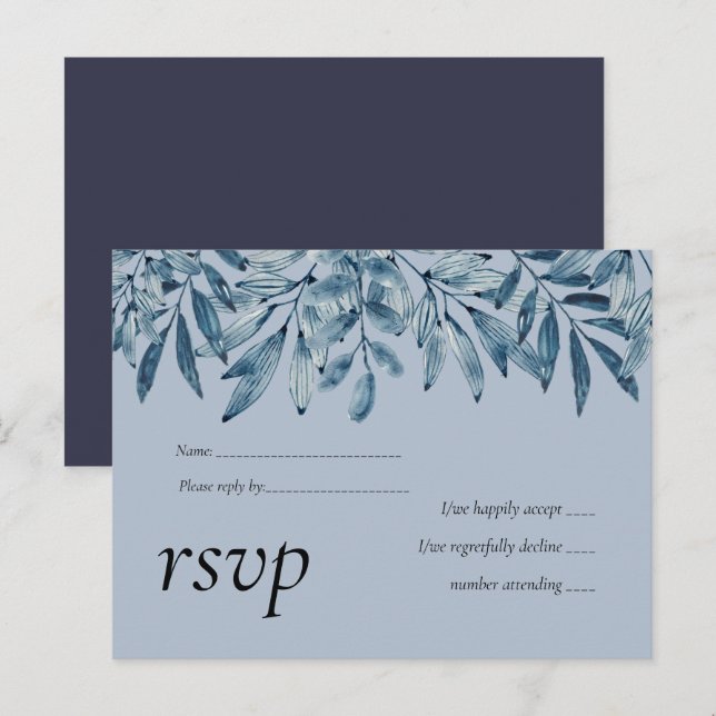 Budget DUSTY BLUE Foliage Wedding RSVP Einladungspostkarte (Vorne/Hinten)