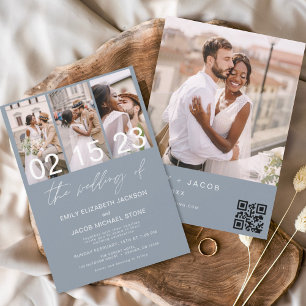 Budget Dusty Blue Foto QR Code Einladung Hochzeit