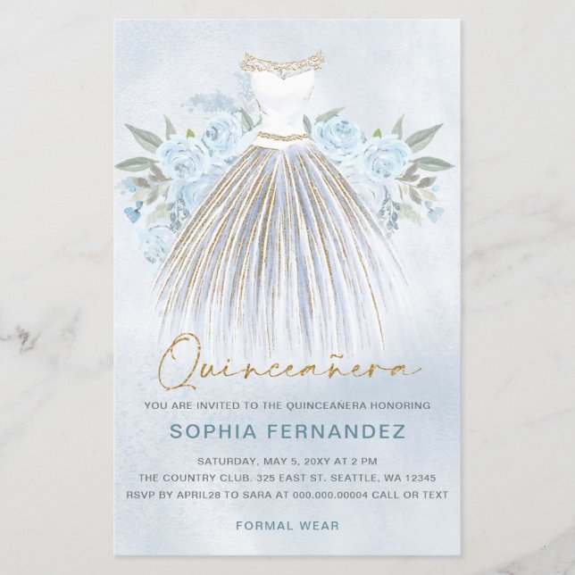 Budget Dusty Blue Gold Dress Quinceañera Einladung (Vorderseite)