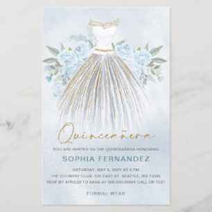 Budget Dusty Blue Gold Dress Quinceañera Einladung