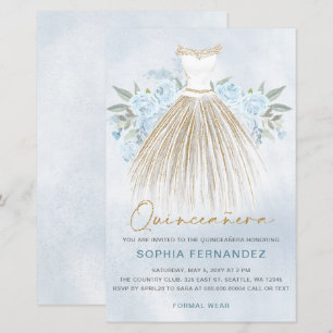 Budget Dusty Blue Gold Dress Quinceañera Einladung