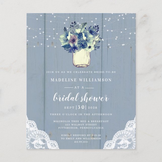 Budget Dusty Blue Lace Bridal Dusche Einladung (Vorderseite)