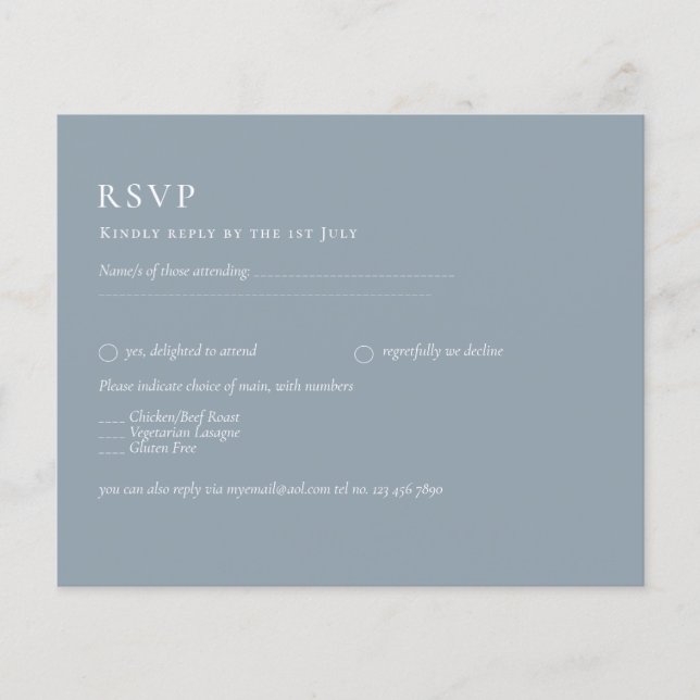 Budget Dusty Blue Monochrome Wedding RSVP Flyer (Vorne)