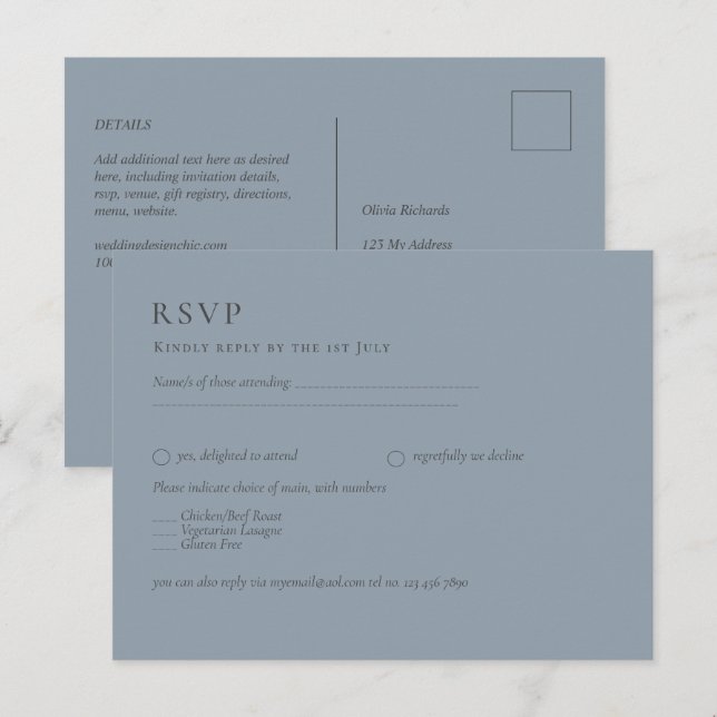 Budget Dusty Blue Monochrome Wedding RSVP Postkarte (Vorne/Hinten)