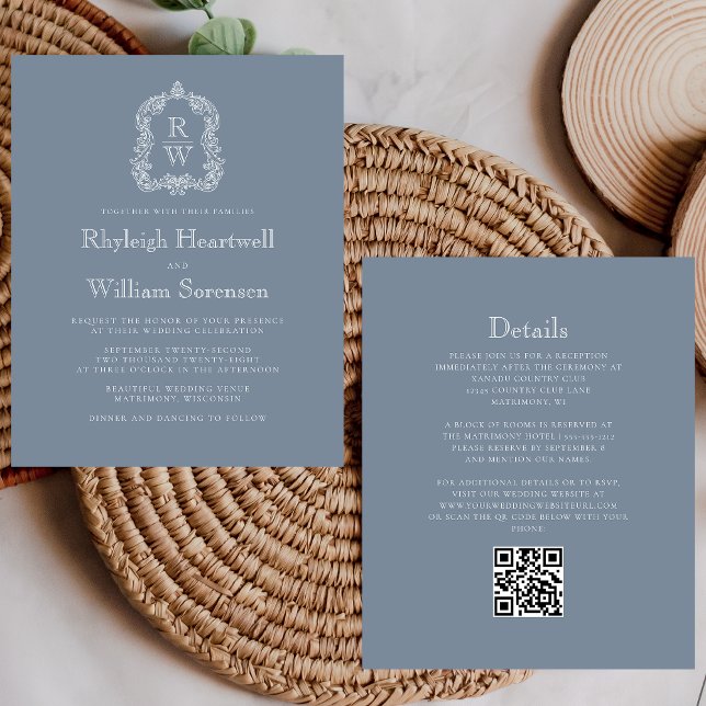 Budget Dusty Blue Monogram Wappen QR Code Wedding (Von Creator hochgeladen)