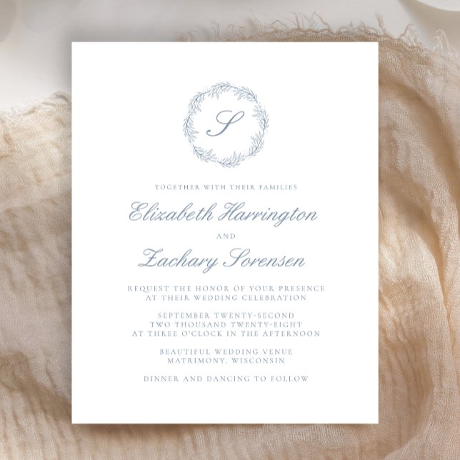 Budget Dusty Blue Monogram Wreath Script Wedding (Von Creator hochgeladen)