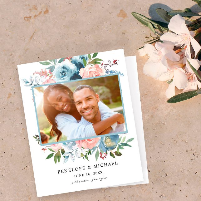 Budget Dusty Blue Pink Floral Save the Date (Von Creator hochgeladen)