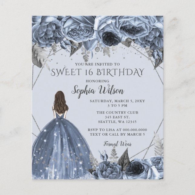 Budget Dusty Blue Princess Sweet 16 Einladung (Vorderseite)
