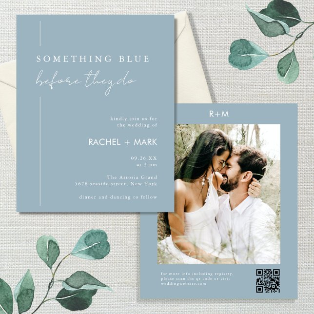 Budget Dusty Blue Qr Code Foto Hochzeit Flyer (Von Creator hochgeladen)
