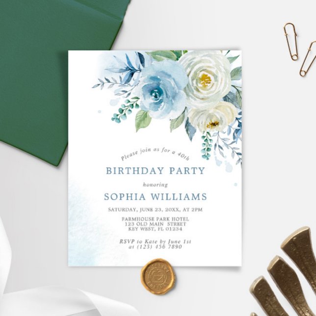 Budget Dusty Blue Rose Geburtstagspartei Einladung (Von Creator hochgeladen)