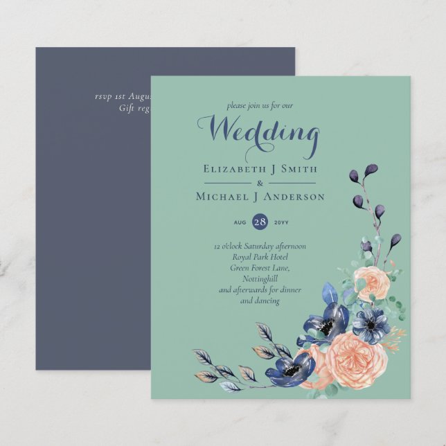Budget Dusty Blue Sage Floral Wedings Einladungen (Vorne/Hinten)