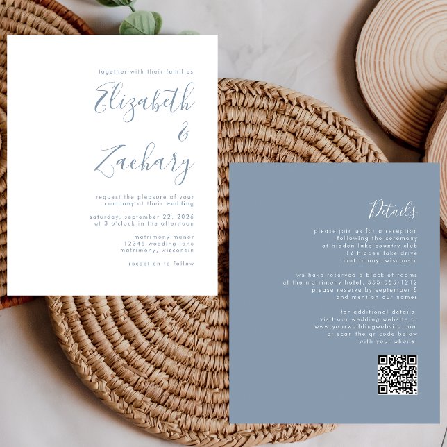 Budget Dusty Blue Script QR Code Hochzeit einladen (Von Creator hochgeladen)