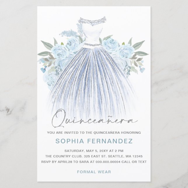 Budget Dusty Blue Silver Dress Quinceañera Einladu (Vorderseite)