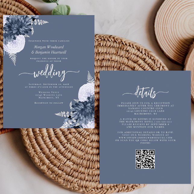 Budget Dusty Blue Silver Floral QR Code Wedding (Von Creator hochgeladen)