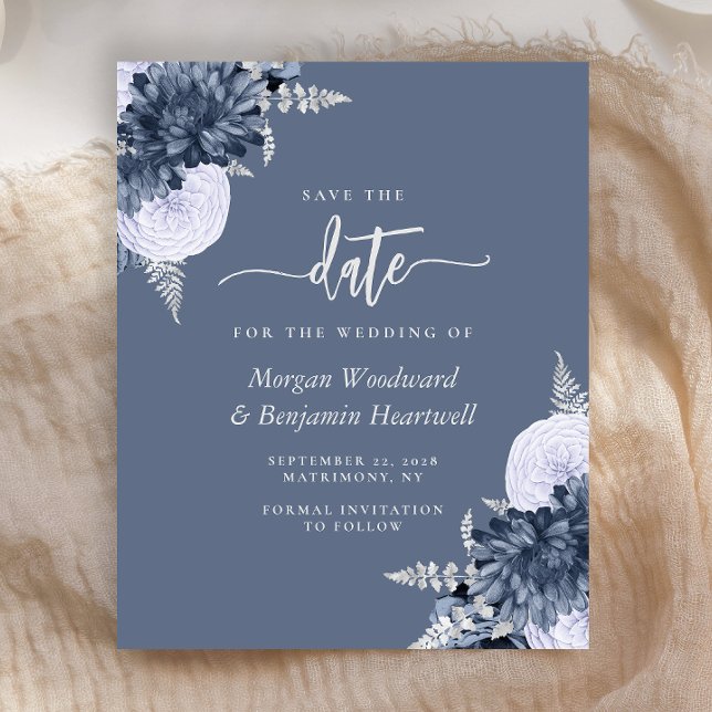 Budget Dusty Blue Silver Floral Save the Date (Von Creator hochgeladen)