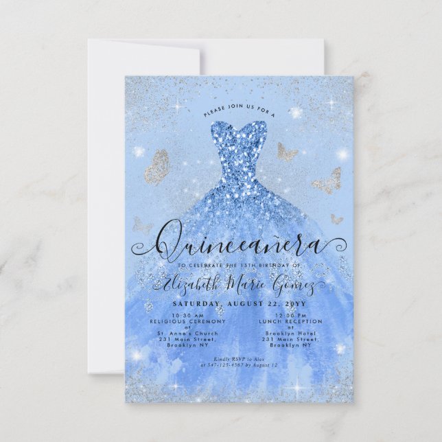 Budget Dusty Blue Silver Glitzer Gown Quinceanera Mitteilungskarte (Vorderseite)