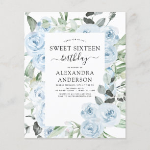 Budget Dusty Blue Sweet 16 Geburtstag Einladung Flyer