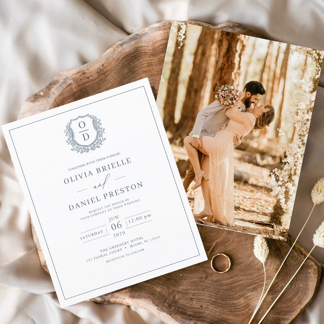 Budget Dusty Blue Wappen Foto Hochzeit Einladung (Von Creator hochgeladen)