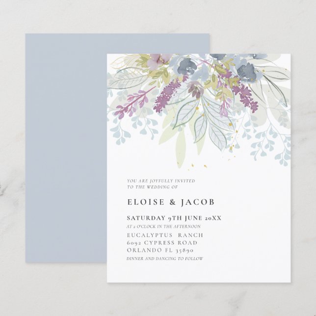 Budget Dusty Blue Watercolor Foliage Hochzeit (Vorne/Hinten)