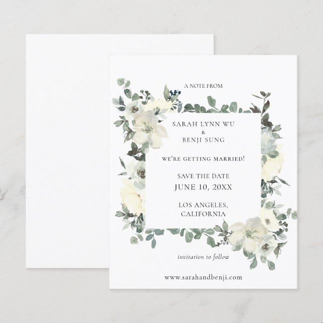 Budget Dusty Blue & White Floral Save the Date (Vorne/Hinten)