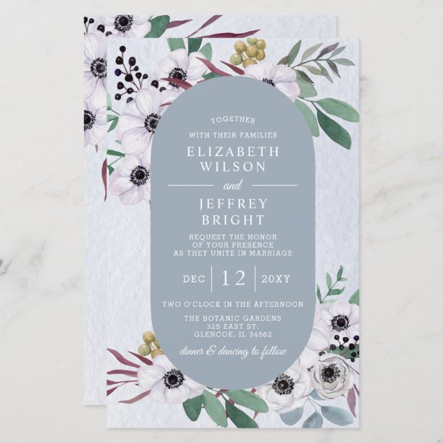 Budget Dusty Blue White Floral Wedding Einladung (Vorne/Hinten)