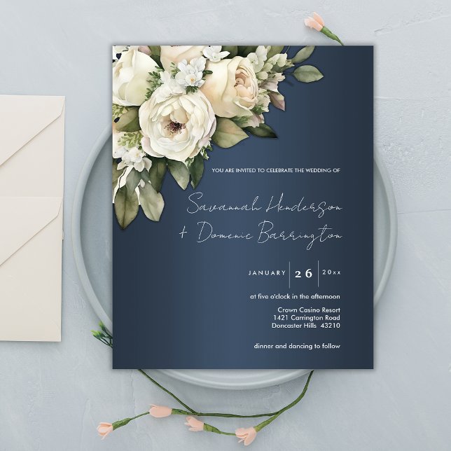 Budget Dusty Blue, White Roses Einladung Flyer (Von Creator hochgeladen)