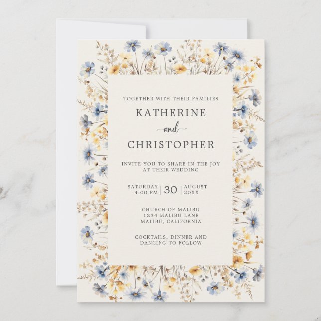 Budget Dusty Blue Wildblume auf einer Hochzeit Einladung (Vorderseite)