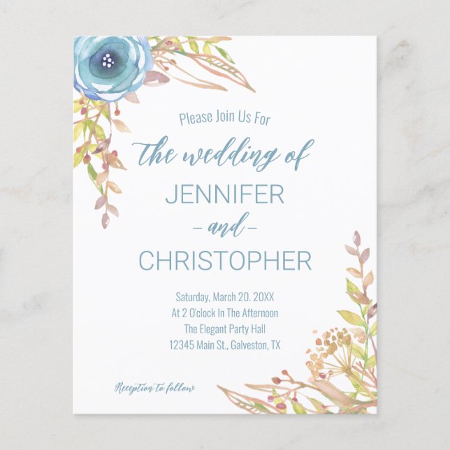 Budget Dusty Blue Wildblume Hochzeit Einladung Flyer (Vorne)