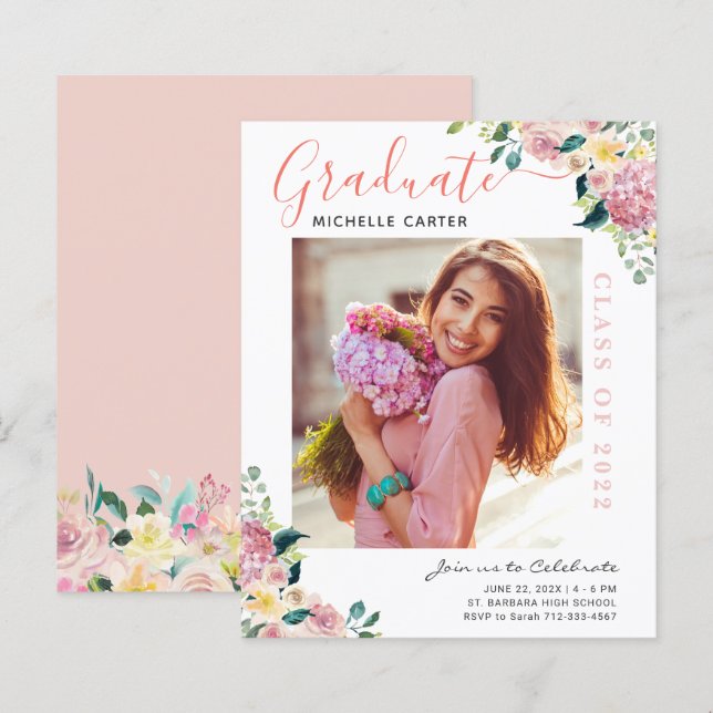 Budget Dusty Floral Foto Abschluss Ankündigung (Vorne/Hinten)