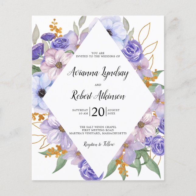 Budget Dusty Lila Floral Boho Hochzeit Einladung (Vorderseite)
