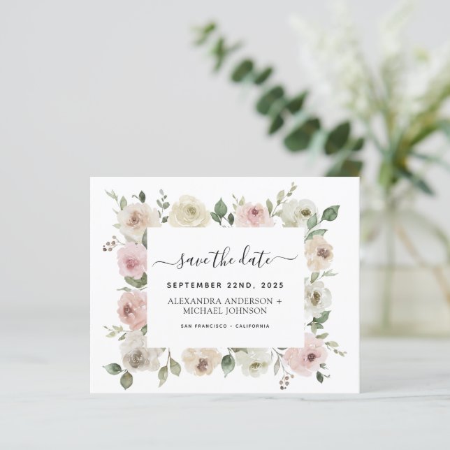 Budget Dusty Pink Blumengrün Save the Date (Stehend Vorderseite)