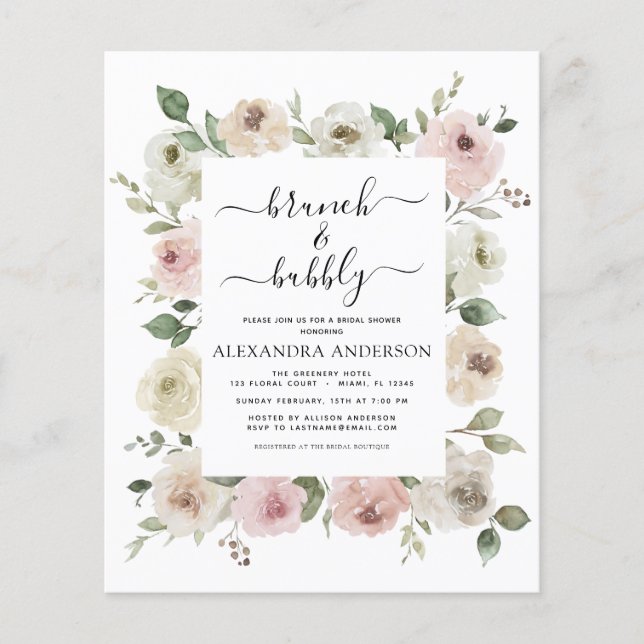 Budget Dusty Pink Brunch & Bubbly Brautparty Flyer (Vorne)